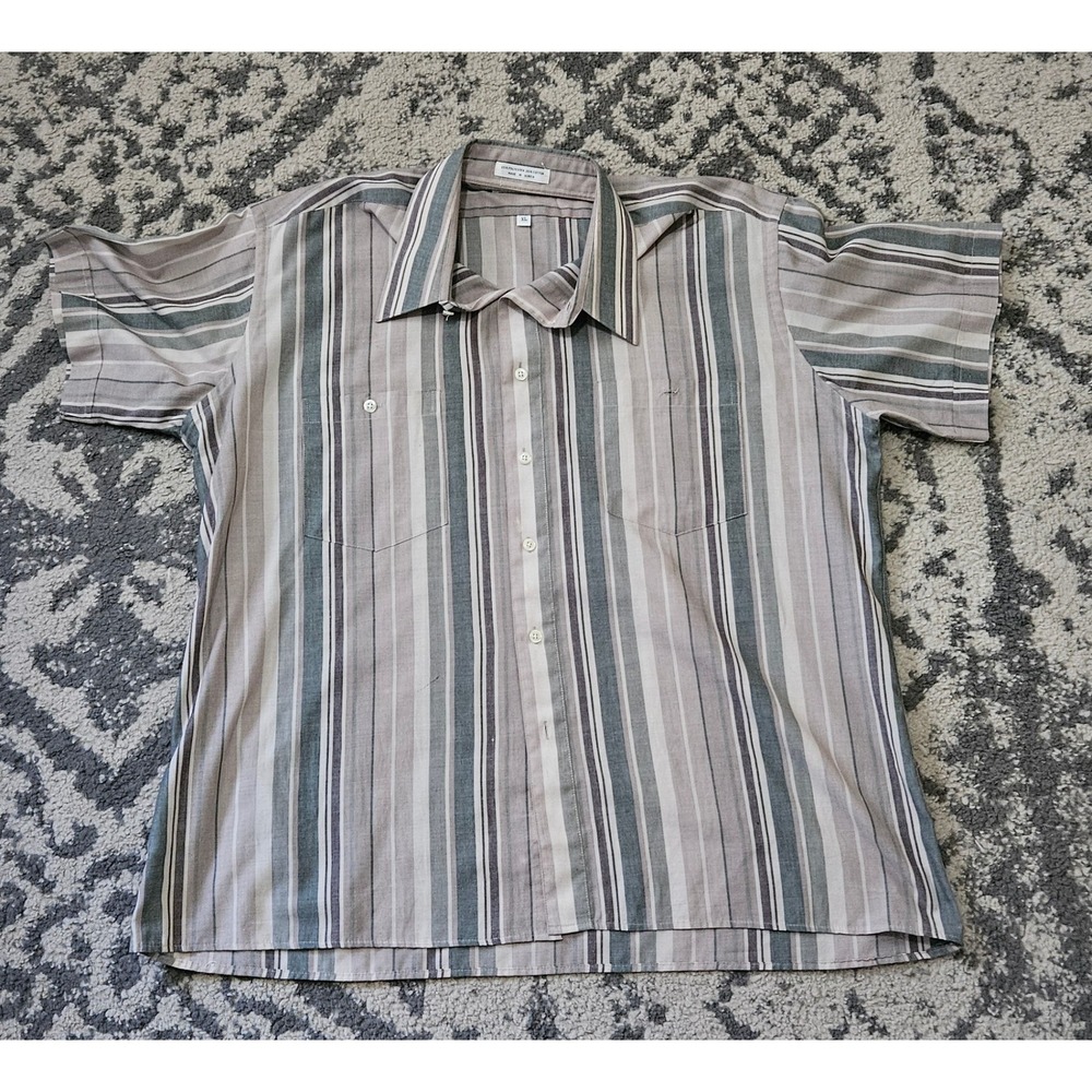 Vintage Pierre Cardin Mens XL Striped Short Sleeve Button Down Shirt Tan Grey